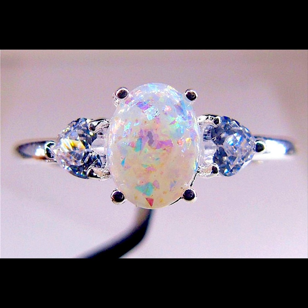 Natural opal fire white topaz ring